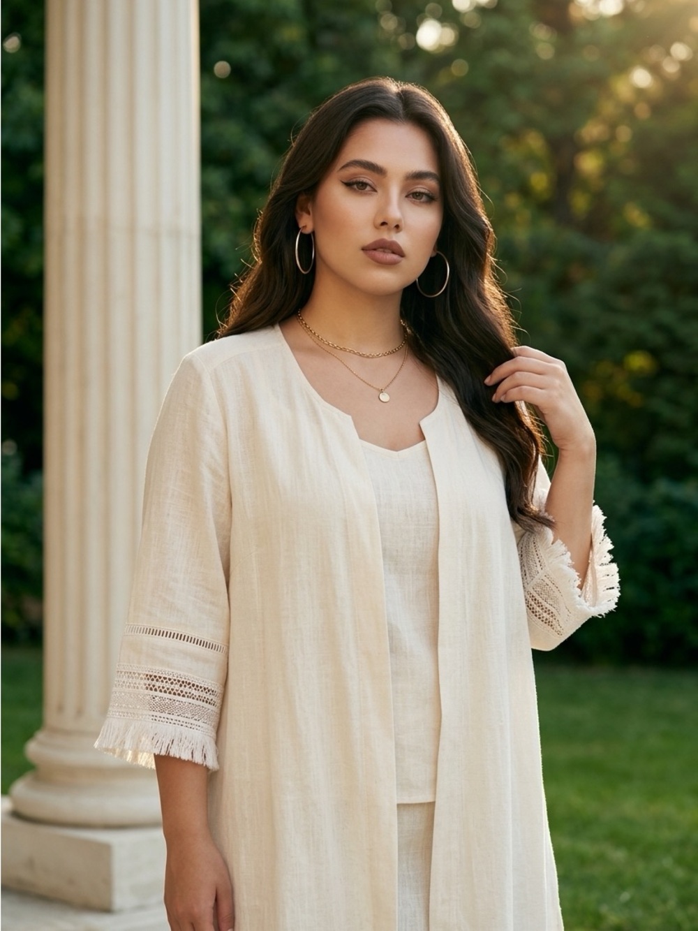 Cream White Linen Viscose Open-Front Tunic Fairycore Lightweight Lace Crochet-XL